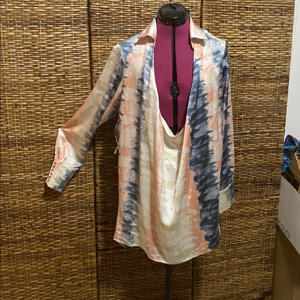 EUC Fashion Nova Plunging Neckline Pink cream blue tie-dye tunic mini dress XL - Picture 1 of 10